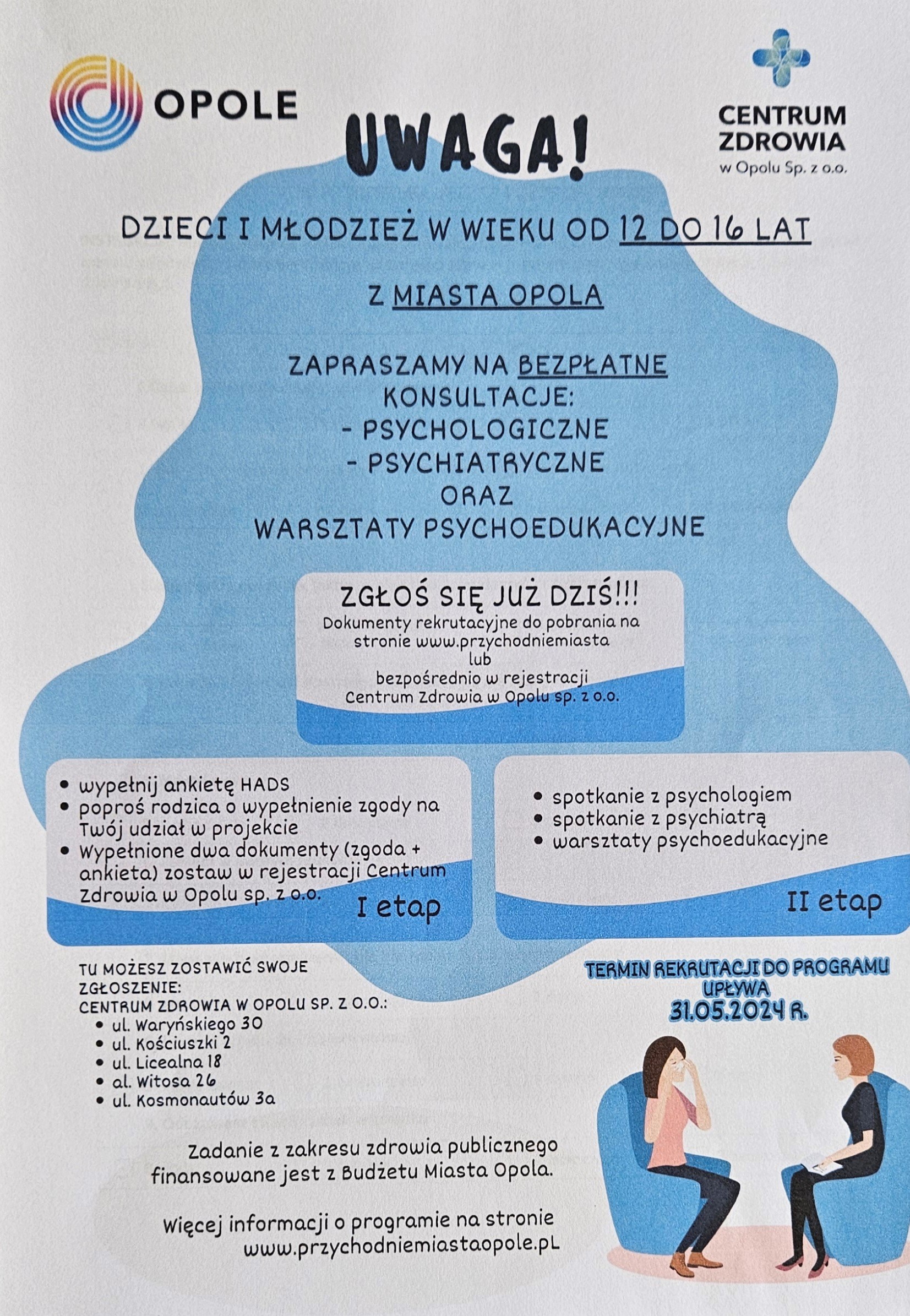 Bezpatne konsultacje psychiatryczne i psychologiczne uczniw 12 16 lat